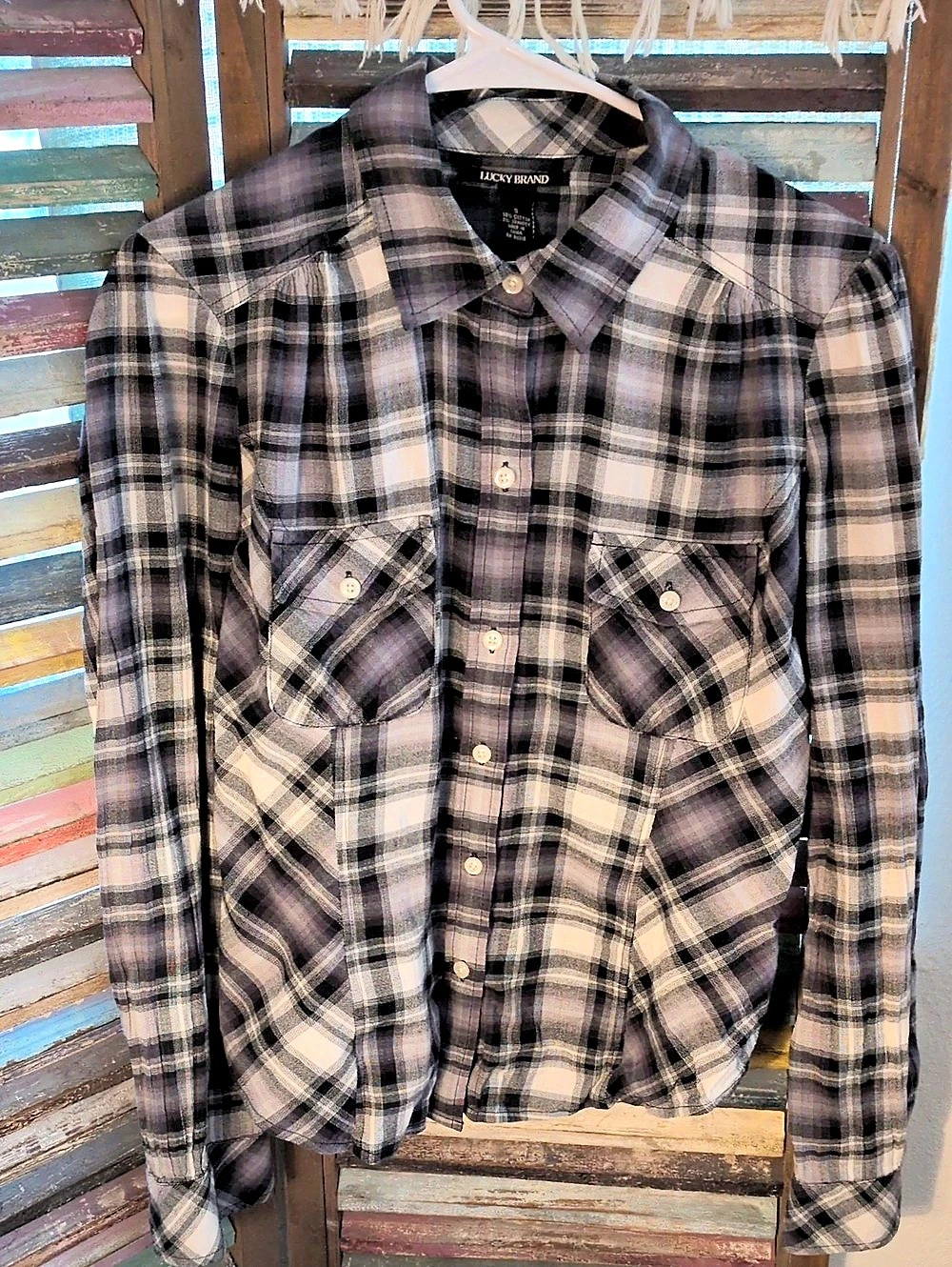Lucky Brand Plaid Button Down in Gray & Black Like New